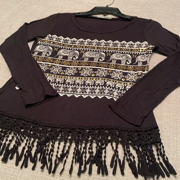 23 Love Street Elephant Print Long sleeve Top with Crochet Fringe Hemline - Picture 11 of 11